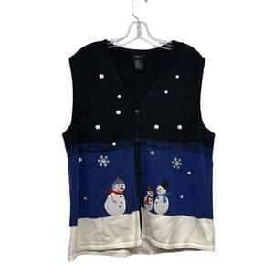 R.Q.T.‎ Women's Snowman Winter Christmas Blue Black Knit Vest Size XL